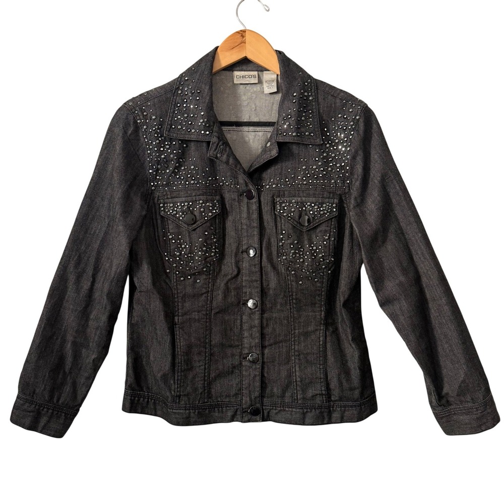Chico's Studded Rhinestone Denim Jacket Sz 1 Sm Black Cotton Edgy Western Glam
